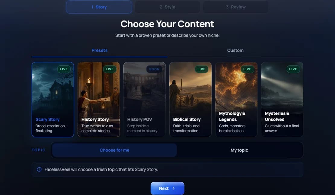 The FacelessReel workflow for choosing a niche and starting a faceless short video