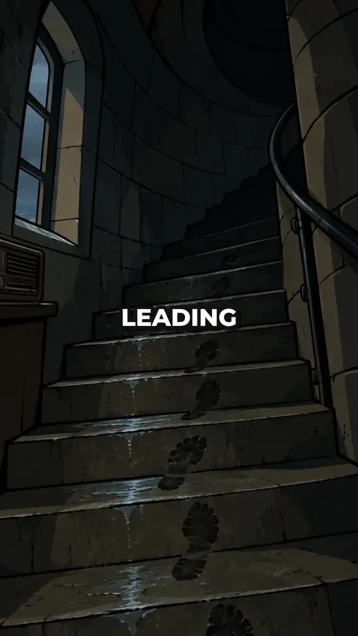 Frame at 12 seconds showing footprints on lighthouse stairs and the caption Leading