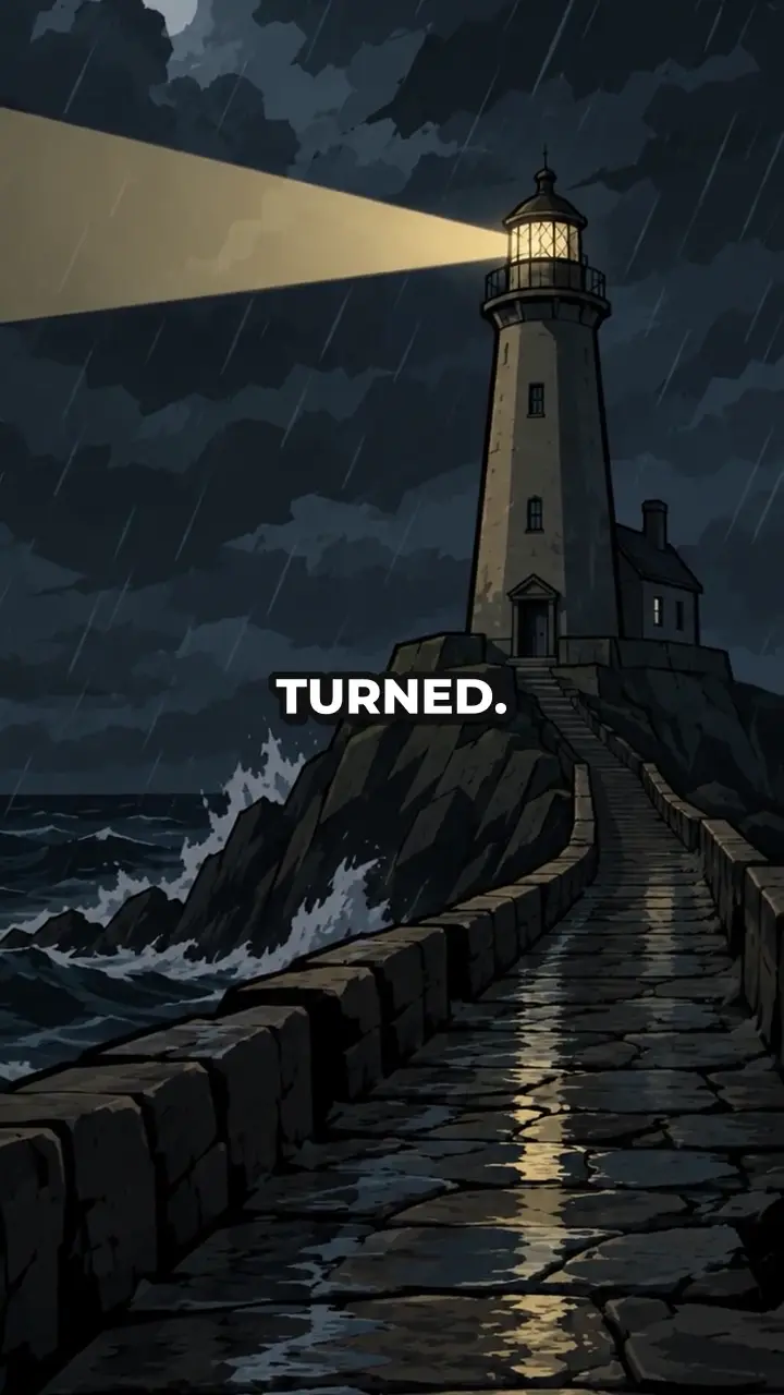 Frame at 5.5 seconds showing the lighthouse and its beam, with the caption Turned